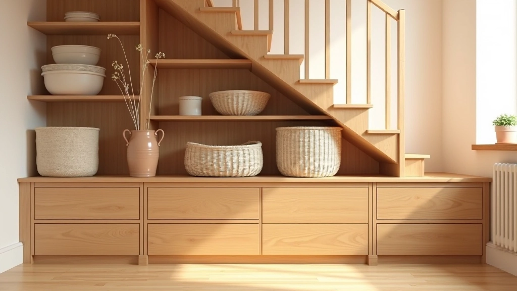 Under-stairs wooden drawers and shelving system
