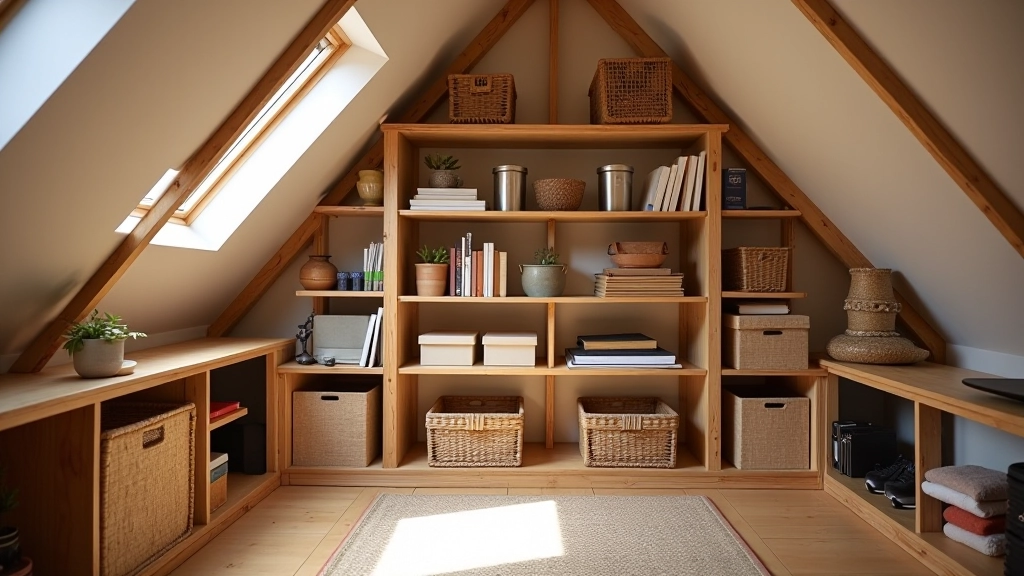 Loft shelving installation with books and storage boxes